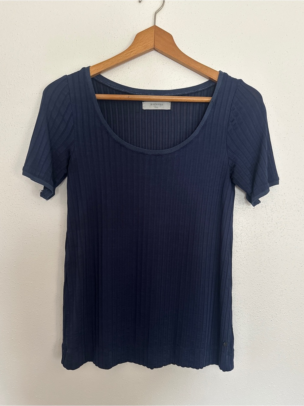 Rapsodia Navy Blue Ribbed Knit Scoop Neck Tee Short Sleeve Top
